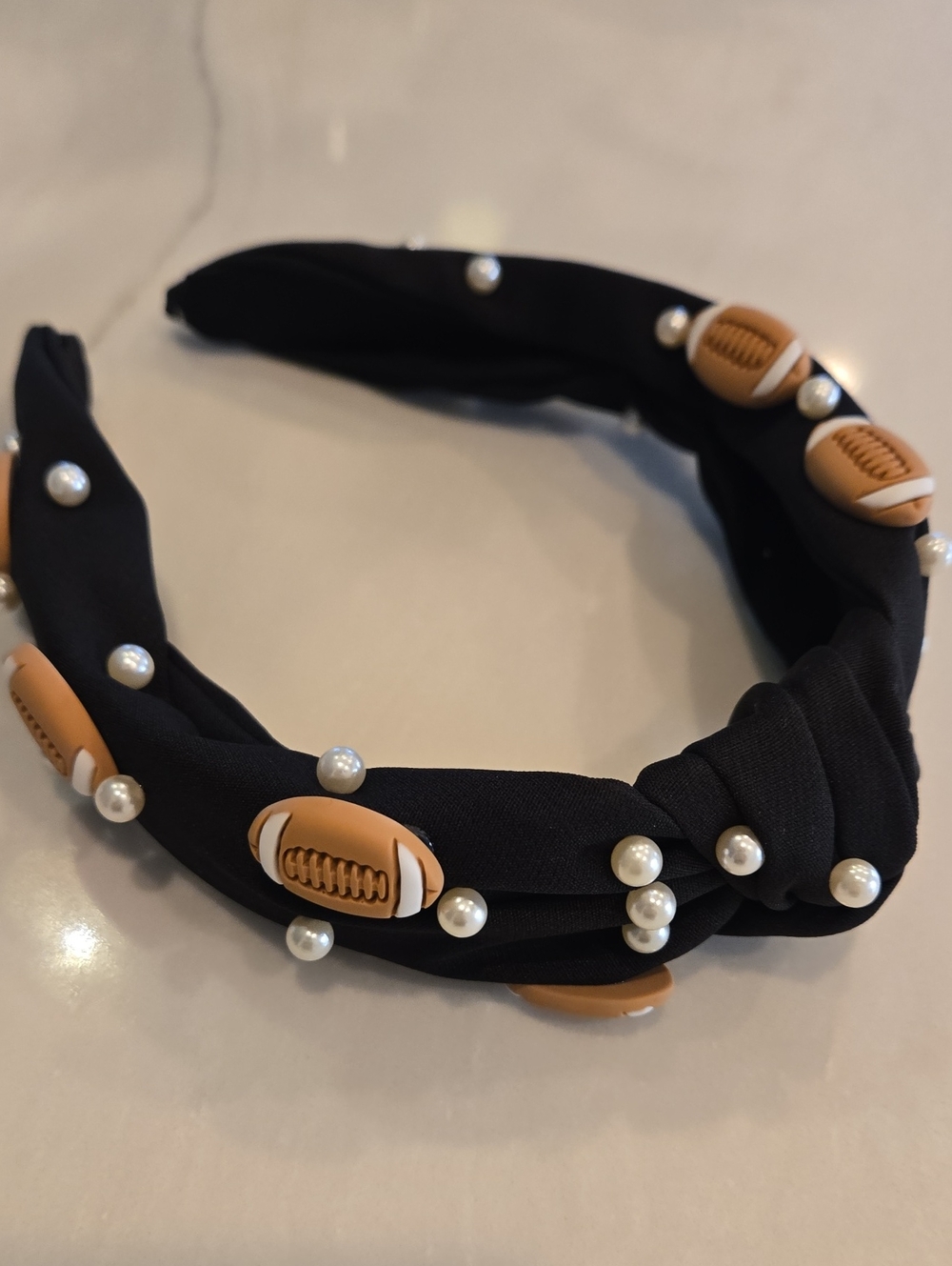 New Black Knotted Headband with Faux Pearls and Tan Football Accents (Comfy)